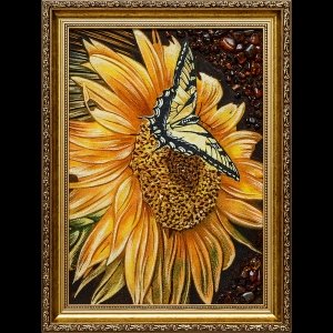 Янтарная картина натюрморт с цветами. Картина из янтаря: Бабочка на подсолнухе