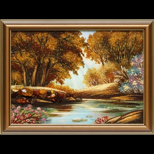 Картина река в лесу